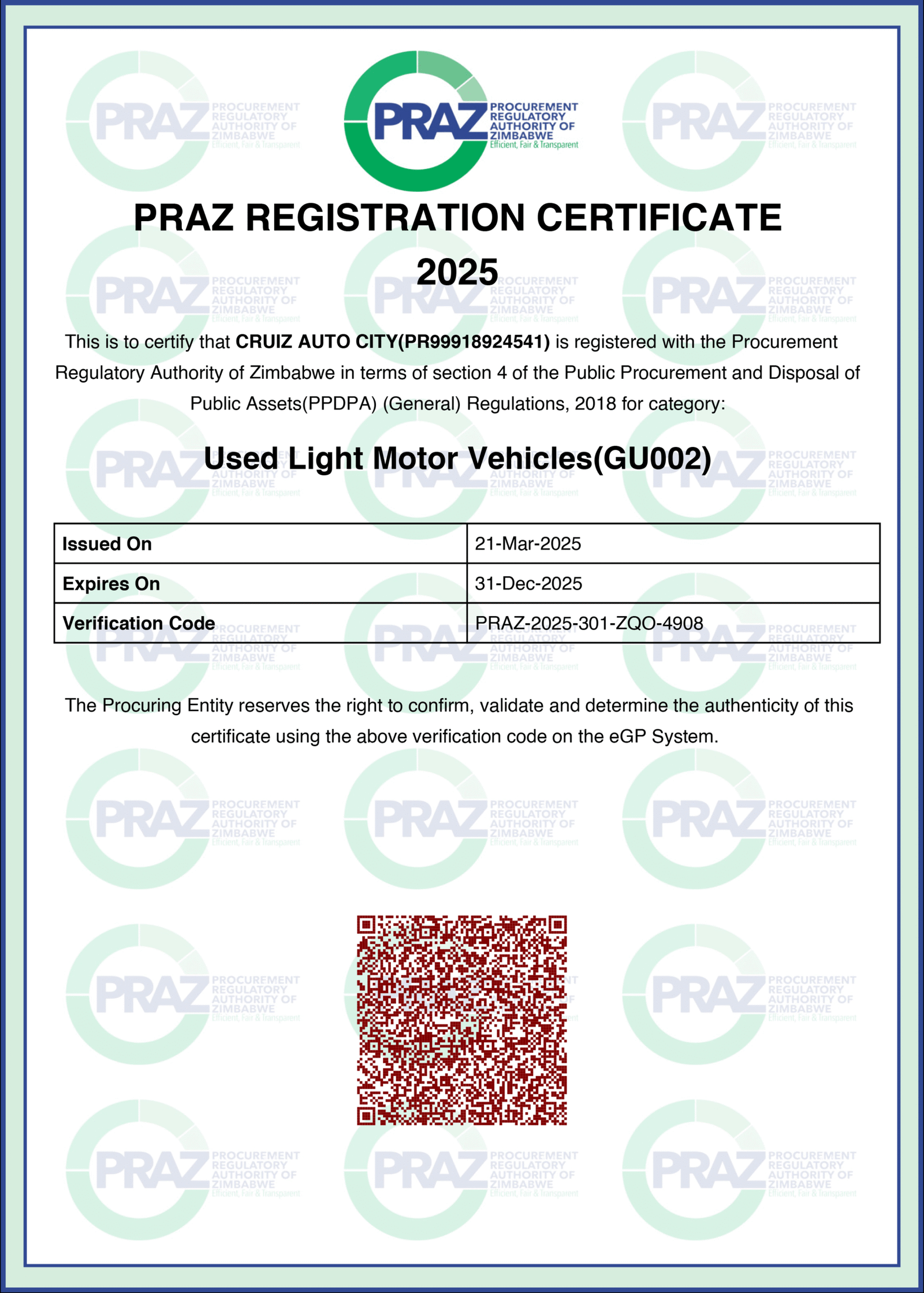 Criz PRAZ-CERTIFICATE-LIGHT-MOTOR-VEHICLES-2025